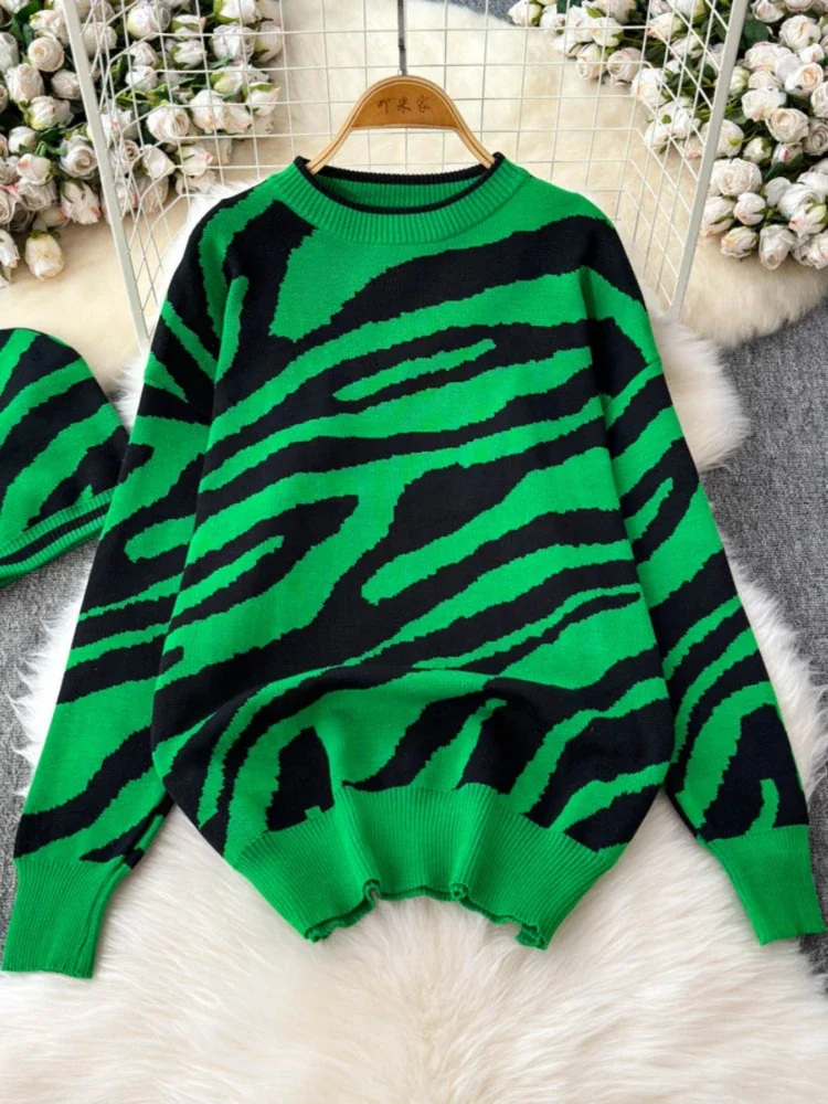 

Women Casual Harajuku Motorcycle Party Knit Winter New Round Neck Long Sleeve Thick Style Loose Zebra Print Knit Shirt for Women