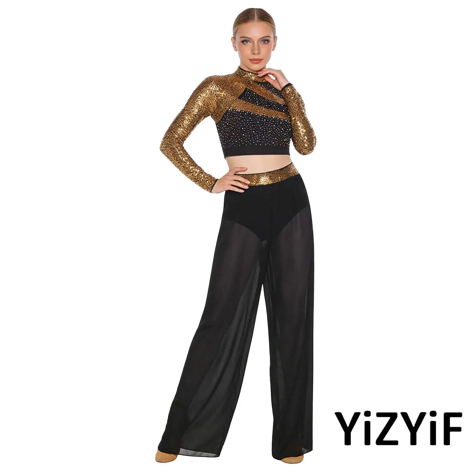 

Women 2-Pieces Lyrical Jazz Dance Costume Mock Neck Long Sleeve Cutout Back Sequins Rhinestones Crop Top with Side Split Pants