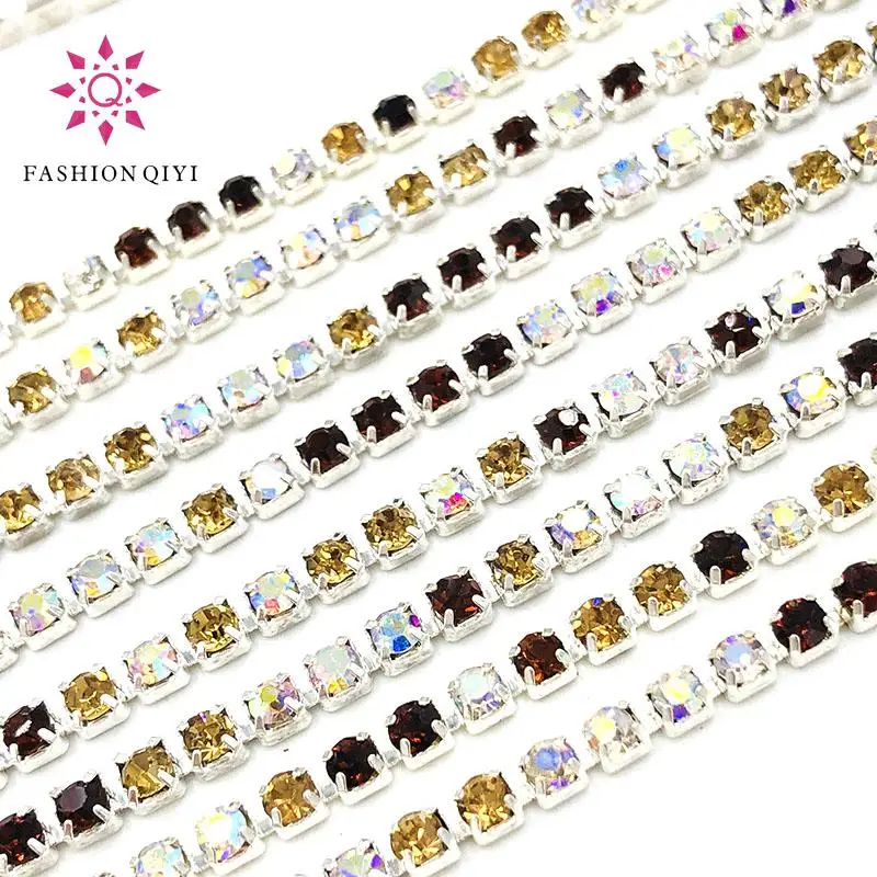 Hot selling 5 yards Mixed rose/WhiteAB 2mm-3mm silver base glass rhinestones cup chain diy wedding dress clothing accessories