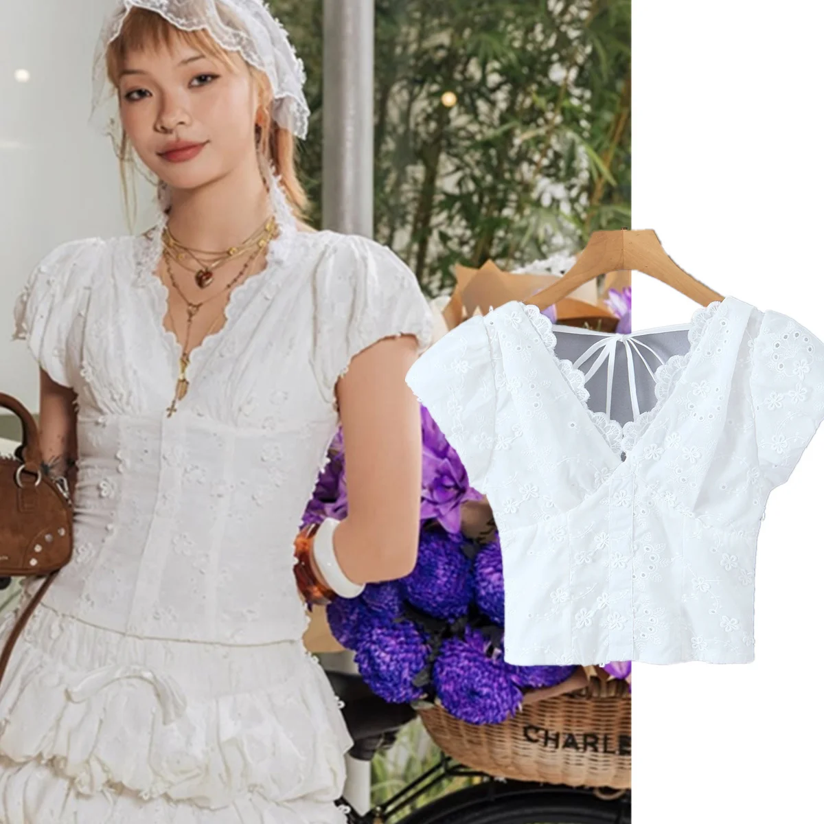 

Jenny&Dave French Fashion Blogger Vintage Jacquard White Shirt Puff Sleeve Shirts & Blouses Women's Clothes Shirts Tops