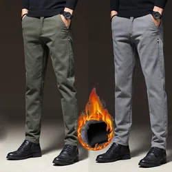 Winter Men's Warm Fleece Stretch Business Pants Elastic Waist Thick Fur Cotton Soft Slim Straight Trousers Male Brand Clothing
