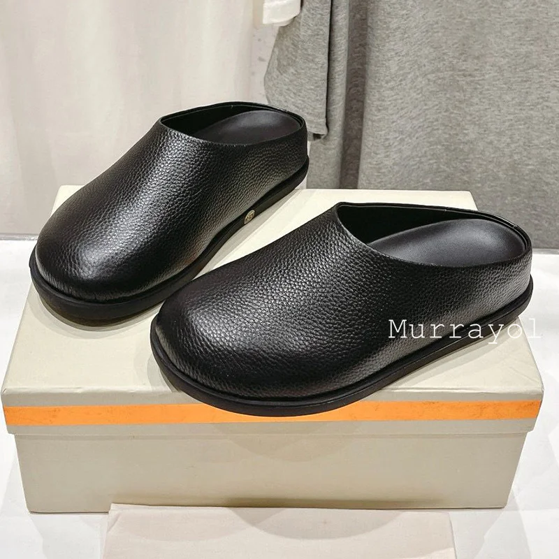 Genuine Leather Flat Heel Thick Soled Slippers Women's Solid Color Lazy Mules Spring Outdoor Vacation Beach Shoes Slippers 2024