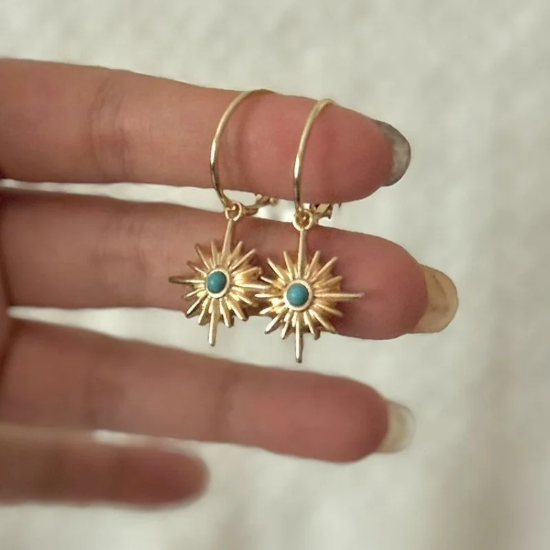 Fashion Bohemian Sun Pendant Earrings For Women Retro Ethnic Style Octagonal Star Resin Ear Hoop Geometric Earrings Jewelry Gift