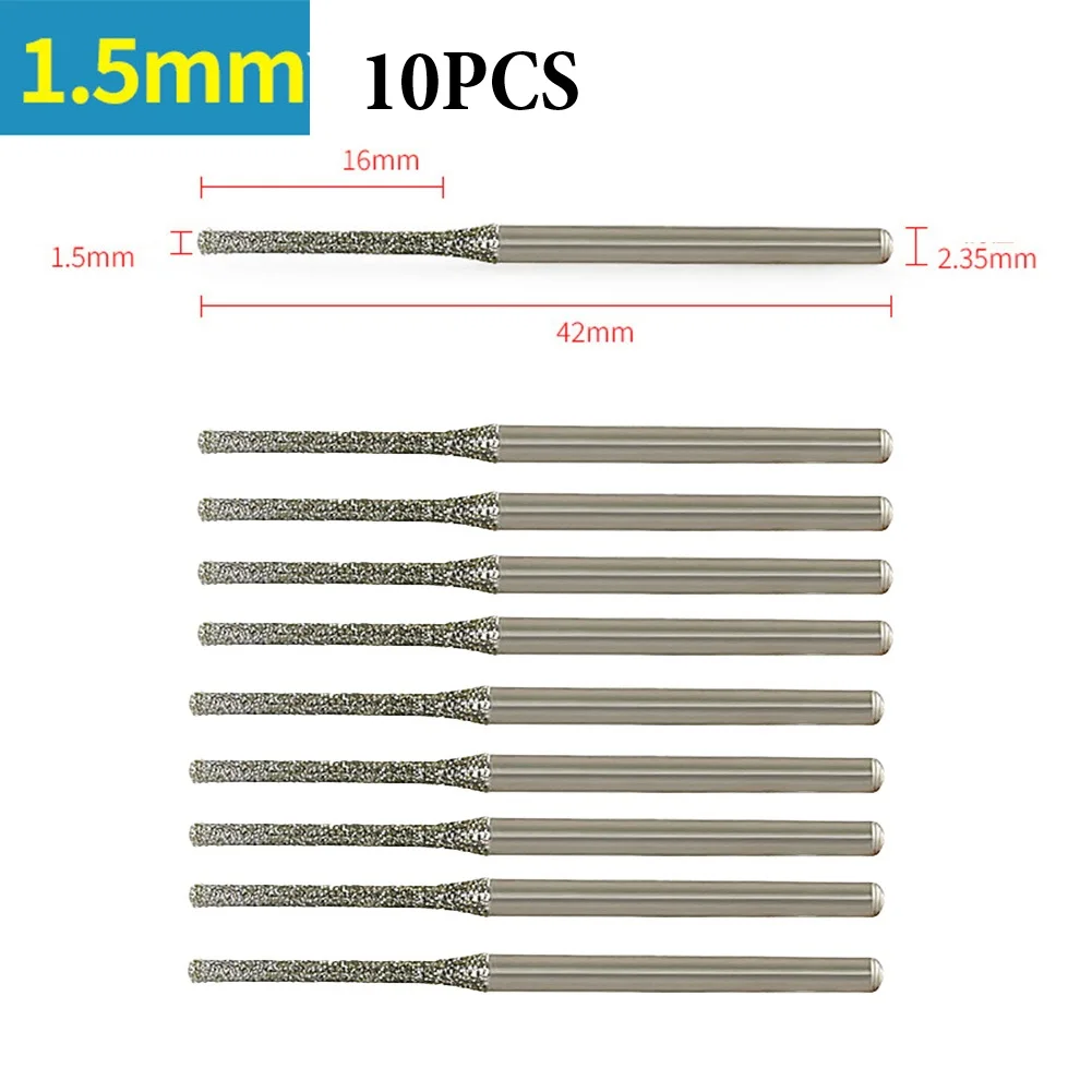 10PCS 0.8-2.5mm 에머리 드릴 비트 2.35mm 생크 유리 옥 앰버 쥬얼리 다이아몬드 드릴 비트 하드웨어 전동 공구 액세서리