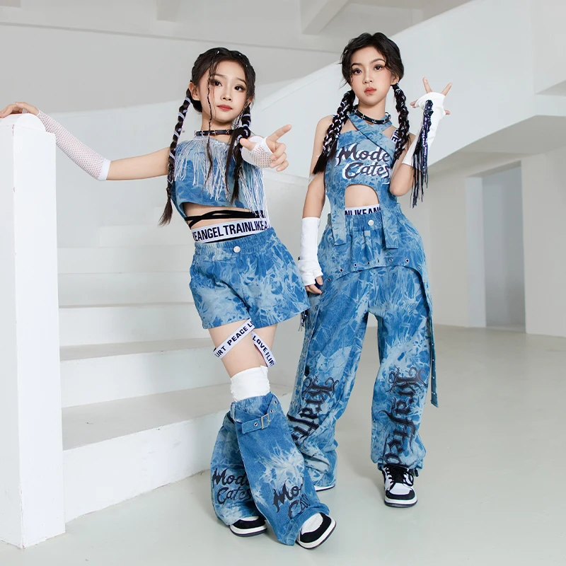 2025 Kpop Blue Jazz Dance Clothes Girls Kids Hip Hop Performance Costume Fashion Catwalk Concert Stage Clothing Summer BL15522