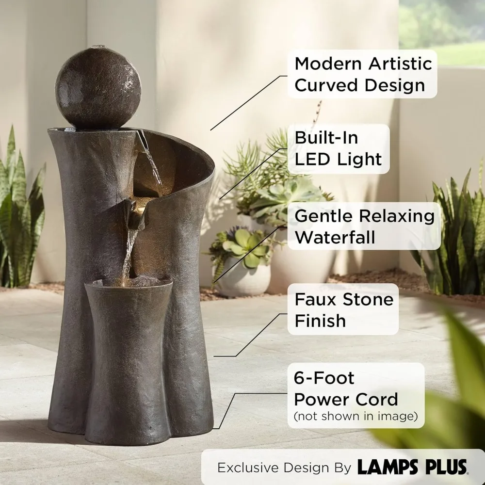 Large Modern Zen Indoor Outdoor Faux Stone Floor Fountain with LED Lighted Waterfall, 39.5