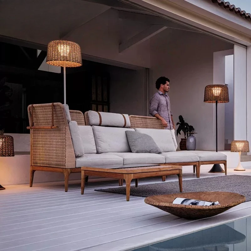 Solid wood outdoor sofa model room garden rattan sofa waterproof sunscreen villa hotel courtyard furniture combination