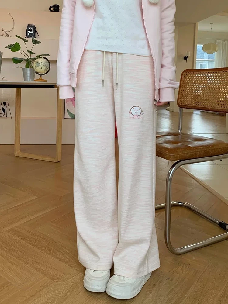 Fall Sweet Pink Wide Leg Pants Women Cute Loose Cartoon Embroidery Fashion Trousers Female High Waist Preppy Style Causal Pant