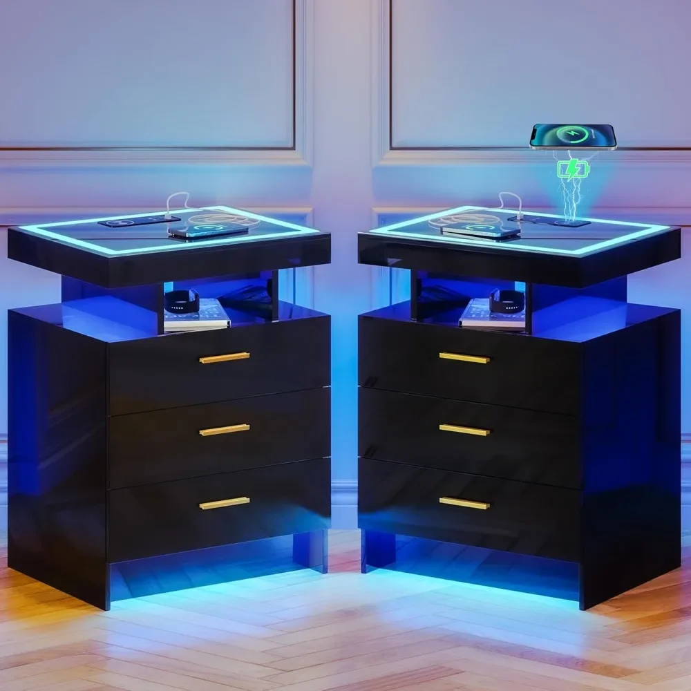 

LED Nightstand with Wireless Charging Station with 3 Drawers & 3 Open Compartments, Nightstand