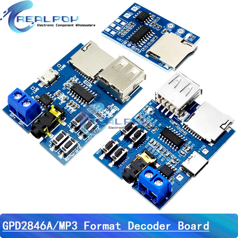 GPD2846A TF Card U disk MP3 Format decoder board module amplifier Module decoding audio Player Type-C / Micro USB