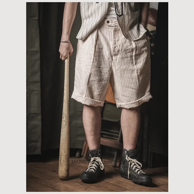 

НЕ НАЛИЧИИ льняные полосатые свободные широкие винтажные бейсбольные шорты, мужские повседневные брюки до колена