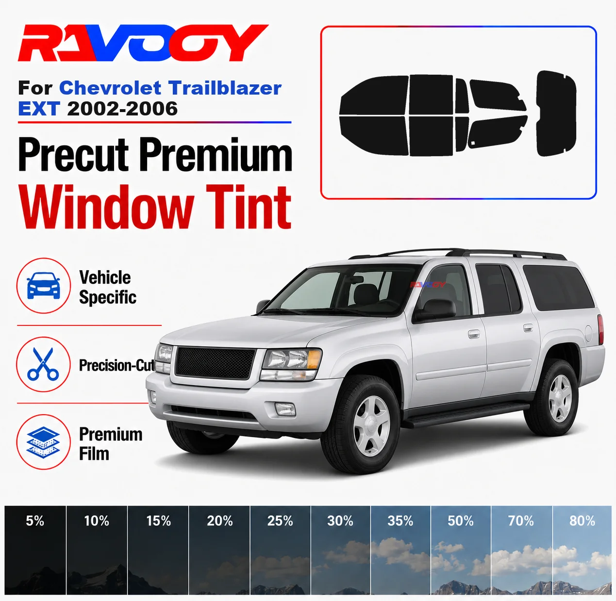 

Premium Precut Window Tint Kit Front Rear Windows Rear Windshield For Chevrolet Trailblazer EXT 2002-2006 Nano Ceramic Film