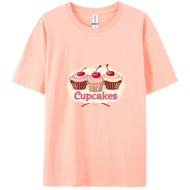 Summer Print T-shirt, Casual T-shirt, Furious Women's Short T-shirt, cream cake pattern, delicious cupcakes, 100% cotton.