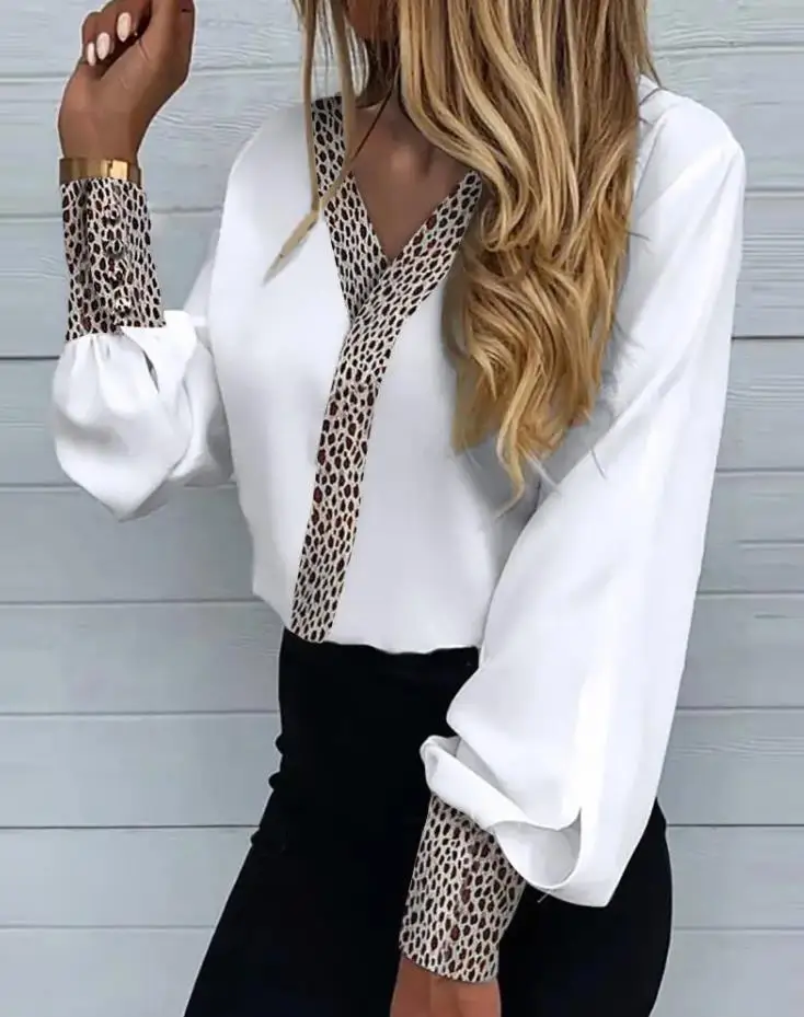 

Leopard Patch Lantern Sleeve Button Front Top