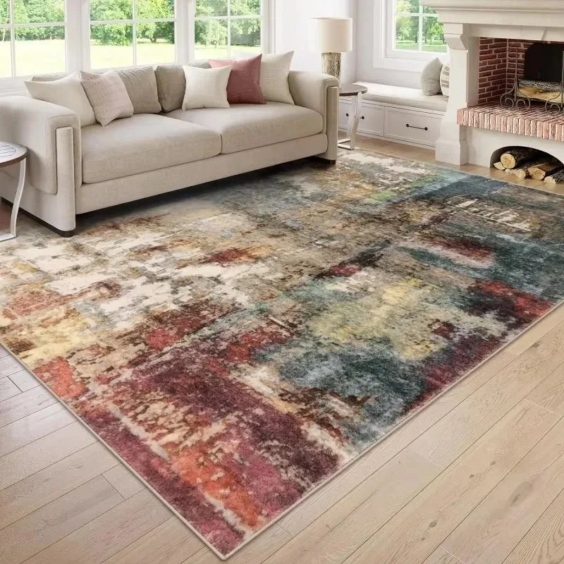 `Abstract Oil Painting Area Rug, Retro Multicolor Brush Stroke Splash Print Large Floor Carpet,for Living Room Bedroom
