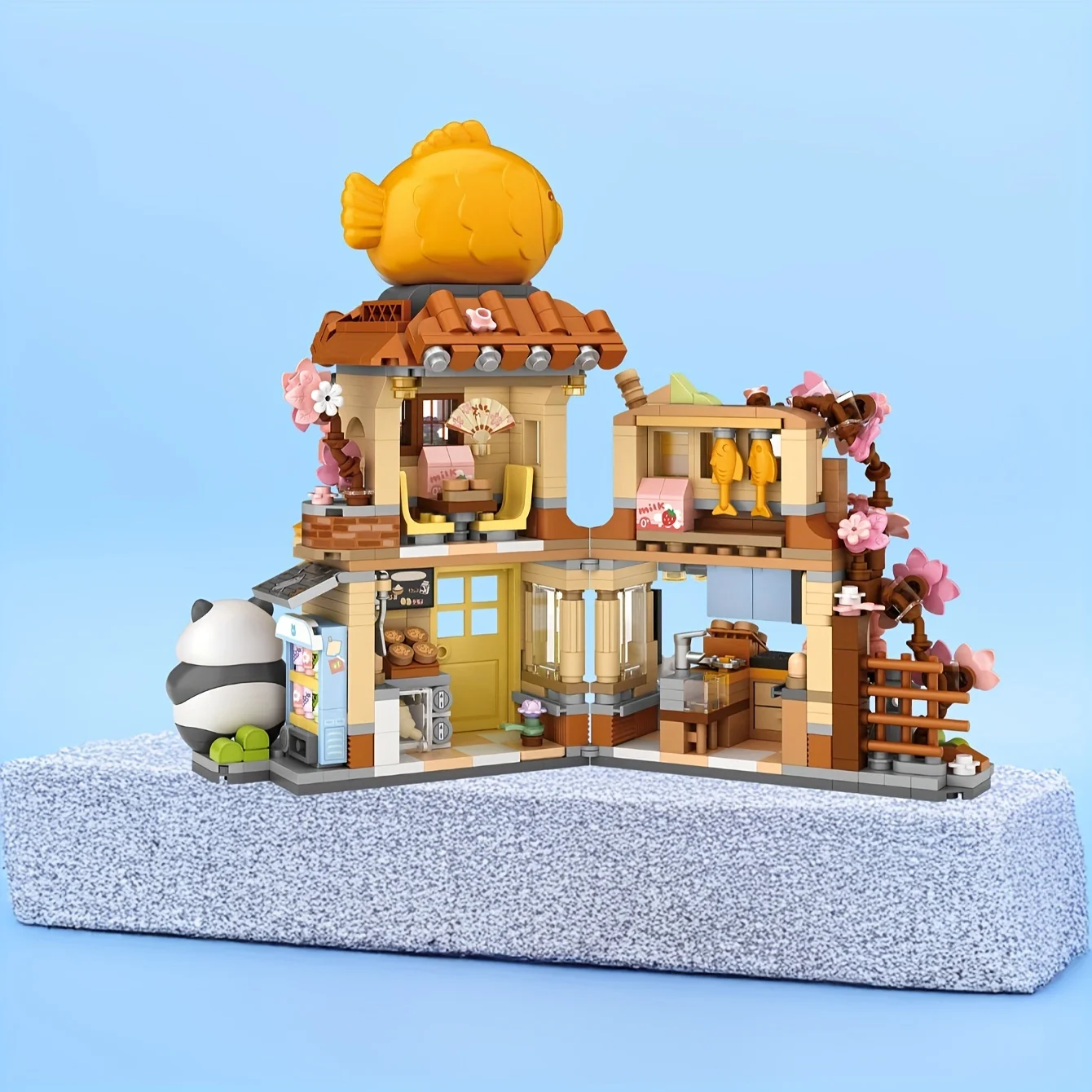 Loz Taiyaki Street View Shop Miniature Building Blocks Panda Bricks Toy Assembly Flower Workshop Folding House Collection Model