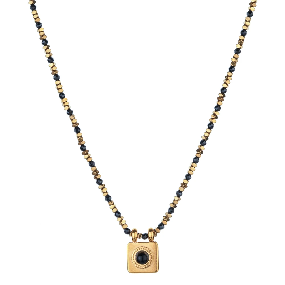 Neue Halskette aus Edelstahl mit quadratischen Perlen und Vintage-Tigerauge-Steinanhänger für Damen, modischer Trend, Schmuckgeschenk. – Detail 5