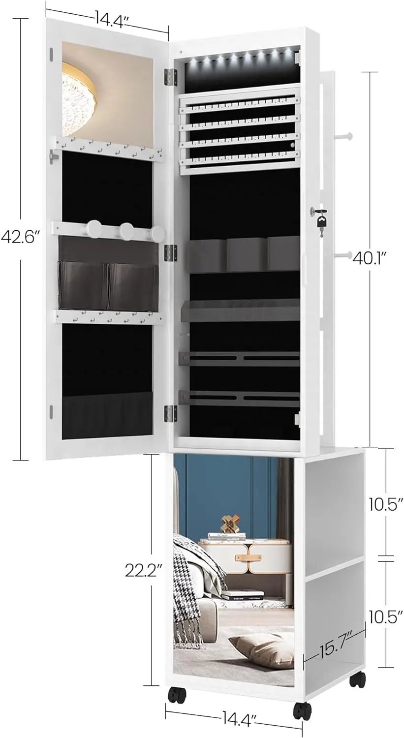 8 LEDs Jewelry Cabinet Armoire, 64.8-inch Jewelry Organizer with 1 Garment Rack, Lockable Full-length Mirror with 4 Wheels, Stor