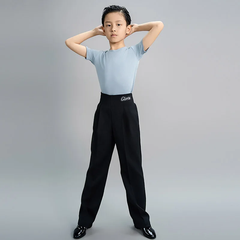 Boys Latin Dance Outfit Round Neck Short Sleeve Top Pants Set Kids Dancing Performance Costume Blue Black Training Wear VDL3605