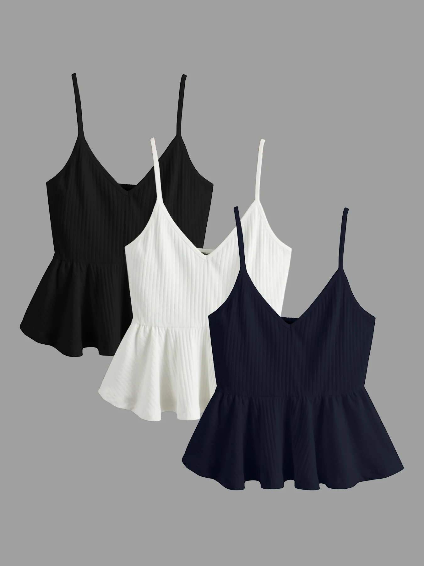 

New spring, summer and autumn women's solid color pleated edge casual adjustable suspender shirt three-piece set