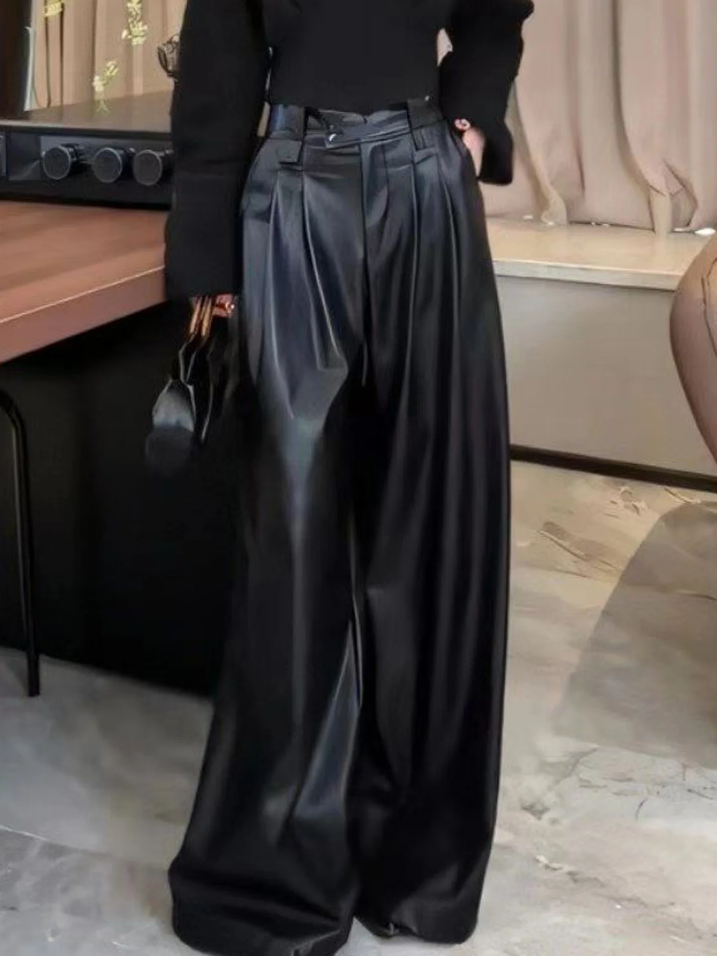 

High Waist Wide Leg PU Leather Pants Women's Loose Fit Casual Trousers Vintage Straight Cut Floor Length Drapey Sensation