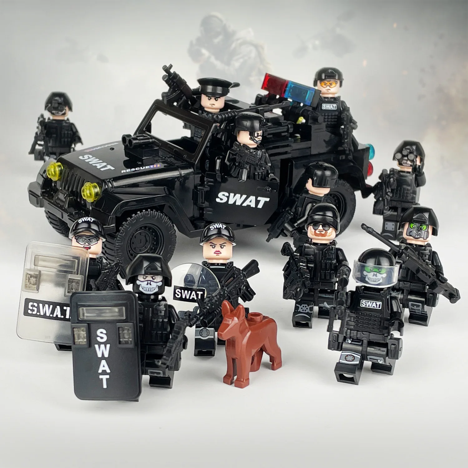 

M59 Black SWAT Figure Cross-Border Construction Building Blocks Toy with Dog Shield Small Particle Meigao Assembled Model