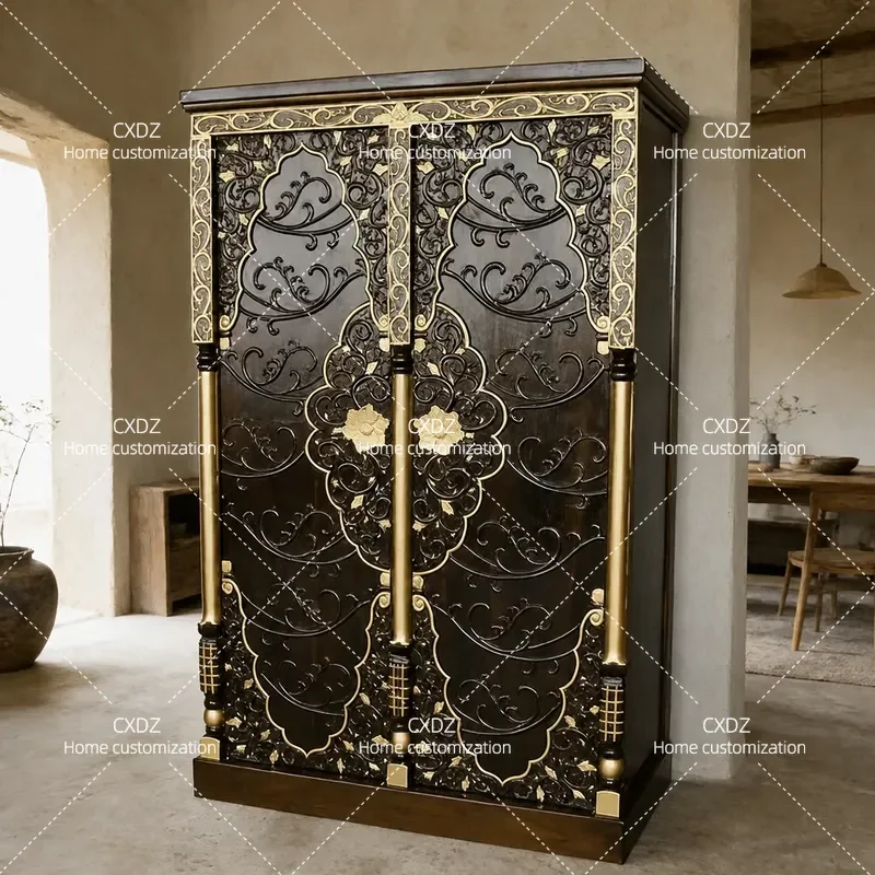 Solid Wood Carved Flower Wardrobe Gold Finish Log Style Locker Cabinet CB263-1