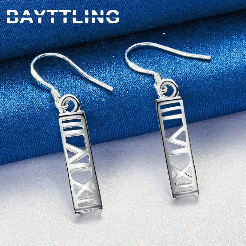 

925 Sterling Silver 37MM Rectangular Roman Numerals Drop Earrings For Women Fashion Charm Gift Jewelry Accessories