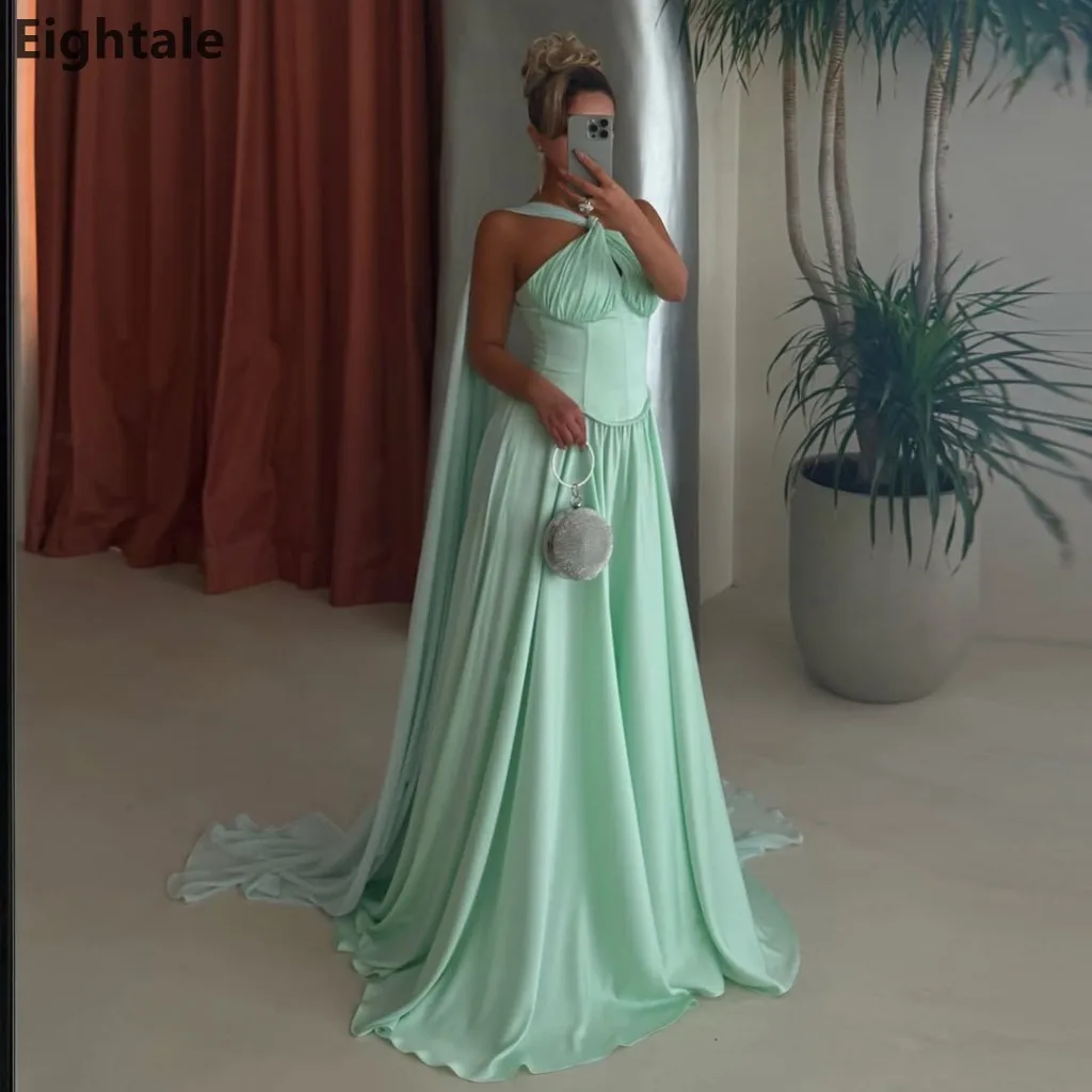 فستان سهرة طويل من Eightale 2025 باللون الأخضر النعناعي على شكل حرف A مع لف فستان حفلة موسيقية عربي سعودي فستان حفلة دبي مخصص