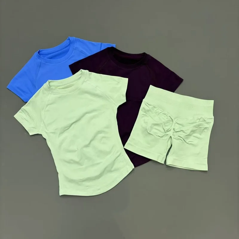 2 Pieces Sport Set Women Yoga Short Sleeve Top Seamless Scrunch Pilates Fitness Suit Training Pants Suits Gym Sports Sets