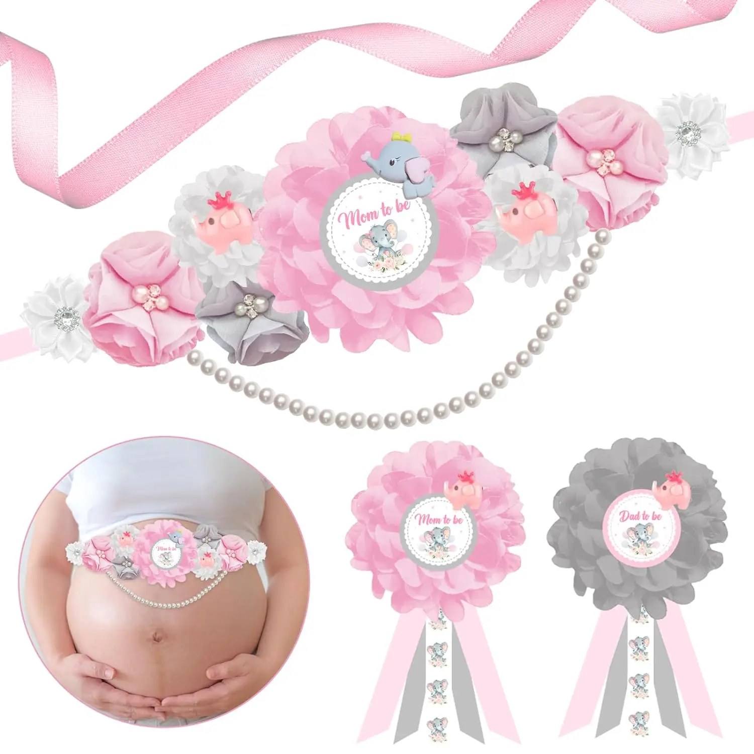 

Elephant Baby Shower Maternity Sash Kit Flower Belly Belt and Mom To Be & Dad To Be Corsage Pins Pregnancy Sash Parents