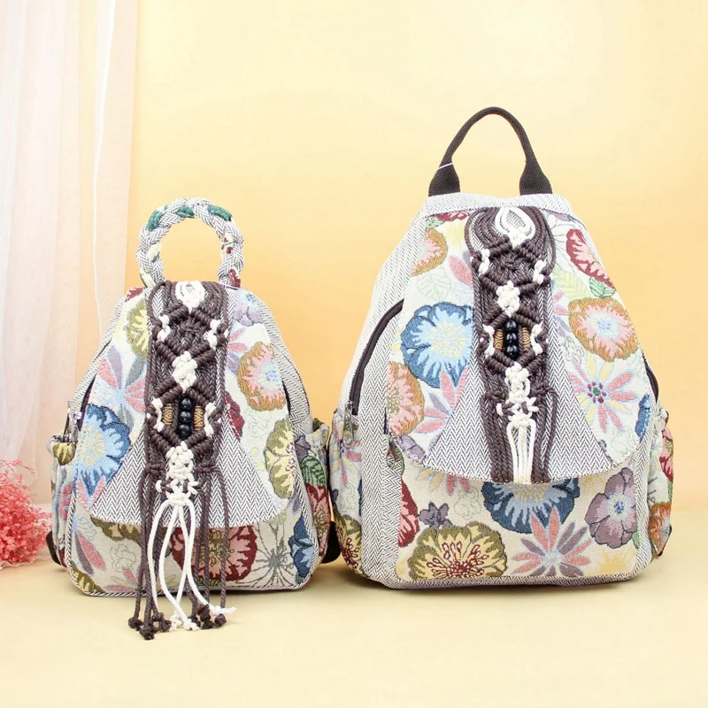 Bohemian Cotton Linen Backpack Hand Woven Tassel Ornament Floral Print Large Capacity Artistic Rucksack For Outdoor Trip