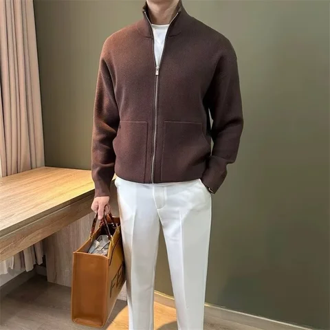 Autumn and Winter Men Stretch Solid Color Zipper Cardigan Sweater Daily Casual Business Sweater Stand-up Collar Man Knitted Coat