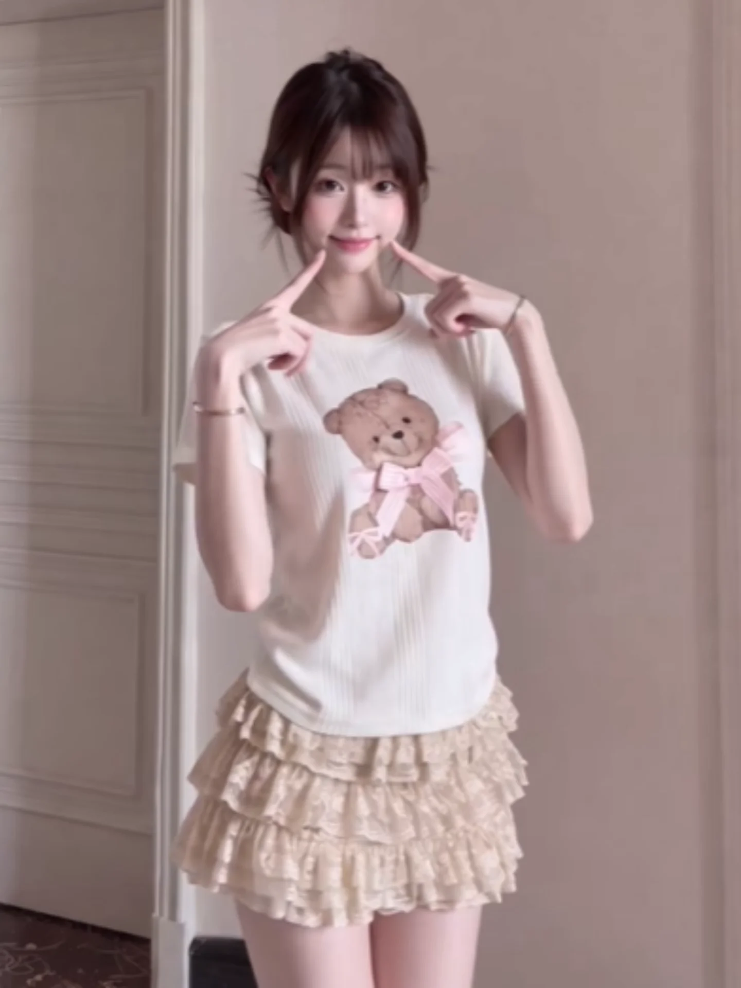 スイートスタイル-ベアプリント-ラウンドネック-半袖-tシャツ-レディース-夏-バレエケーキ-ショートスカート-aライン-ミニスカート-ツーピースセット