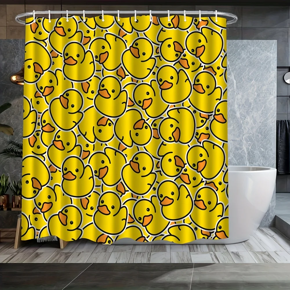Niedlicher Gummi-Enten-Duschvorhang, Weißer Stoff mit Vollständigem Cartoon-Gelben-Enten-Design, Wasserdichter Trennvorhang für Zuhause und Duschraum