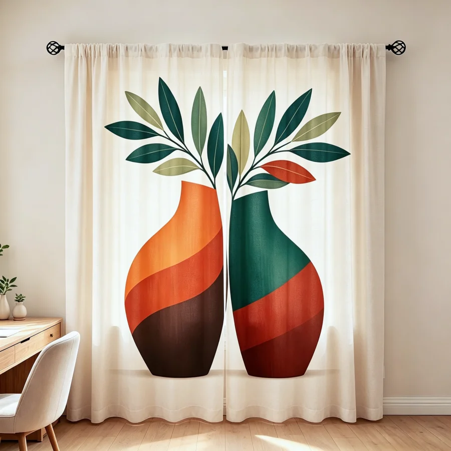 2PCS Digital Print Curtain, Two-tone Colored Vase Pattern, Modern Art Abstract Floral Style for Living Room Bedroom Decor