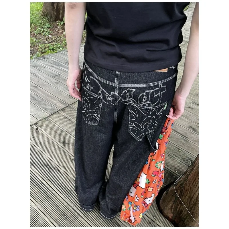 

American Embroidered Wide Leg Jeans for Women Retro Versatile Casual Skinny Loose Straight Leg Floor length Pants