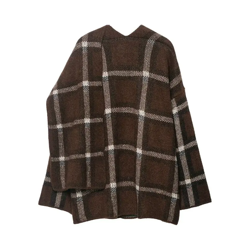 2025 Autumn New Plaid Scarf Knitted ort Coat Women's Faion Outerwear Lady's Cheered Patterned Ne Warmer ort Jaet