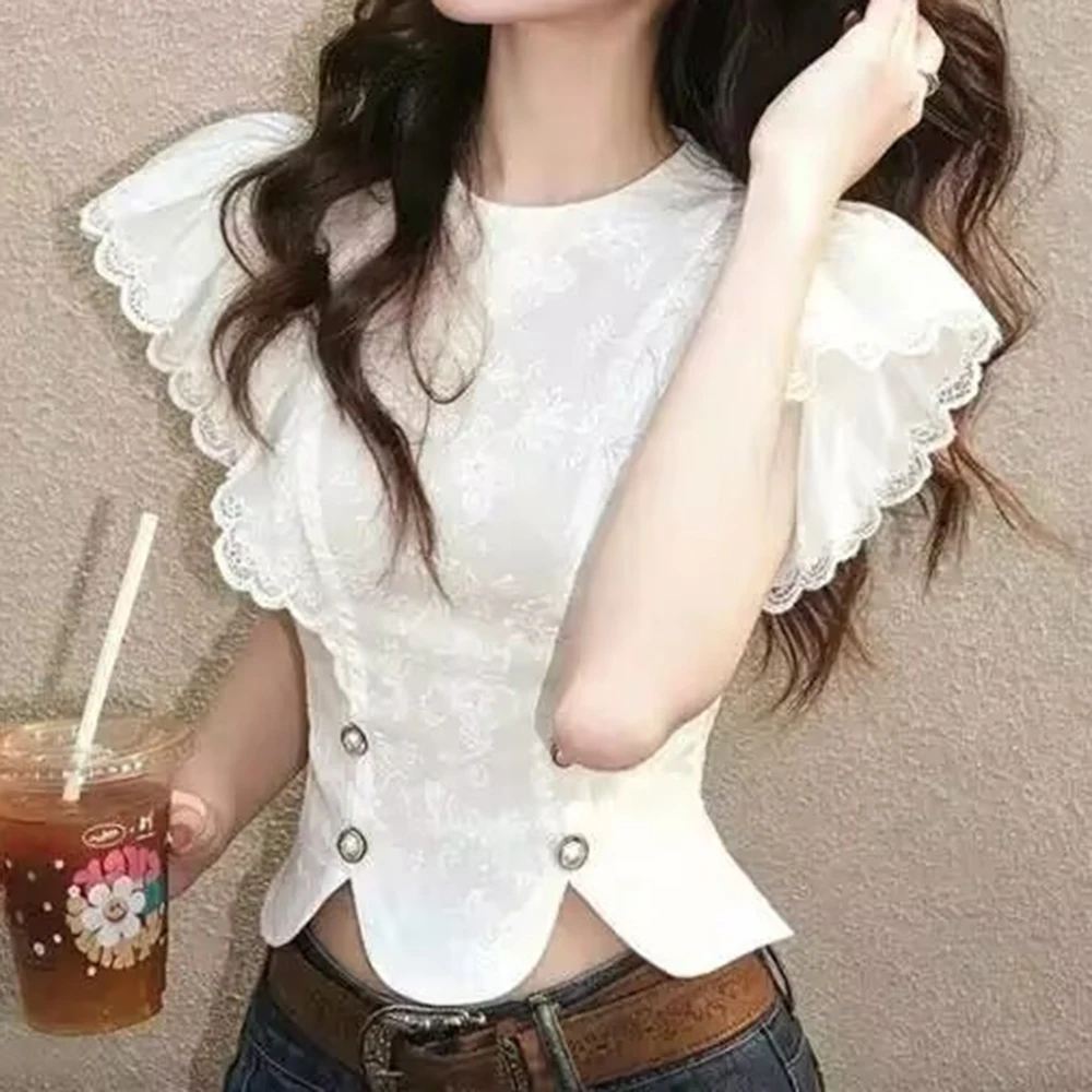 French light luxury niche non-collision white lace ruffle shirt women's 2026 summer new pinched waist top