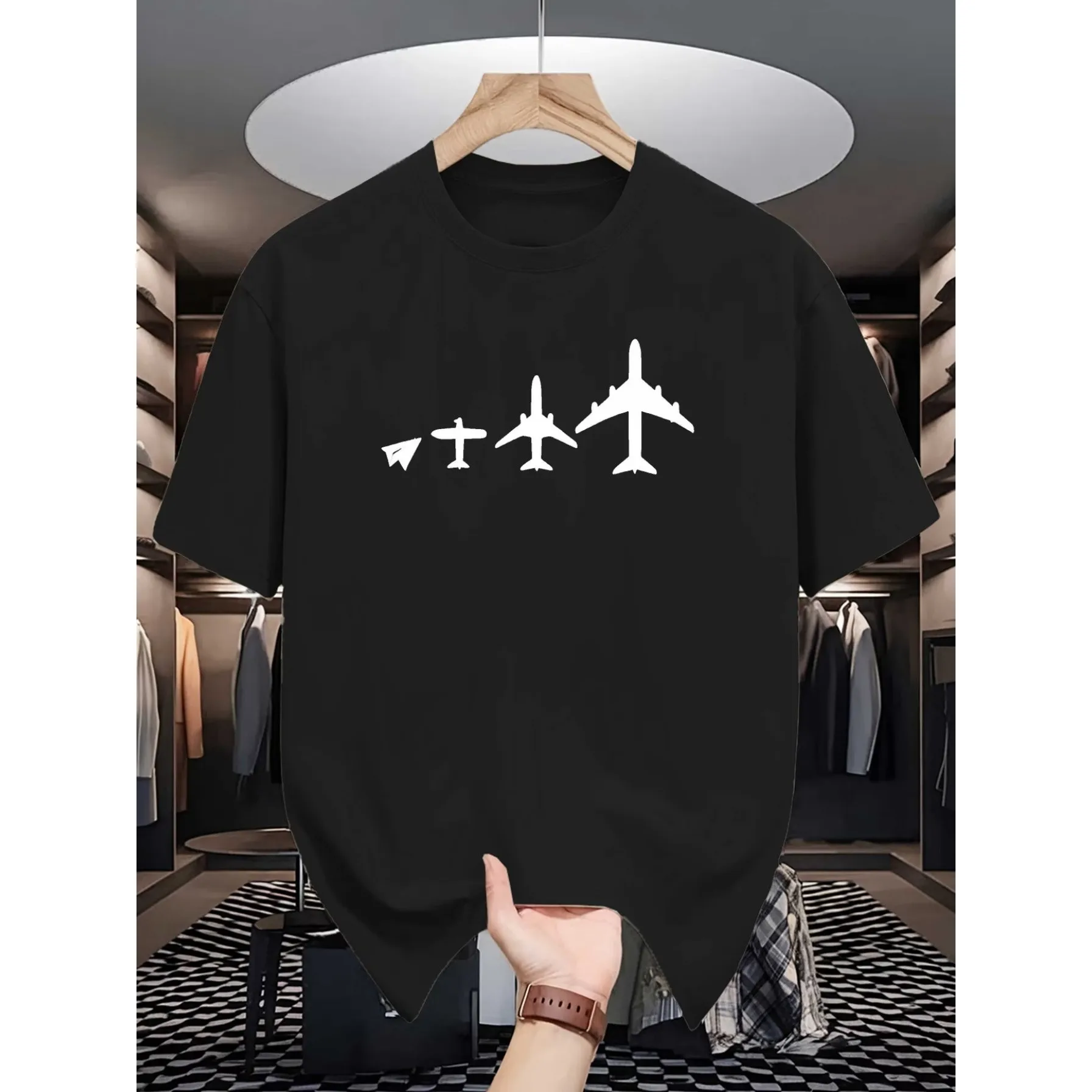 T-shirt graphique Airplane Evolution pour hommes, décontracté, en coton, col rond, manches courtes, pour tous les jours, été