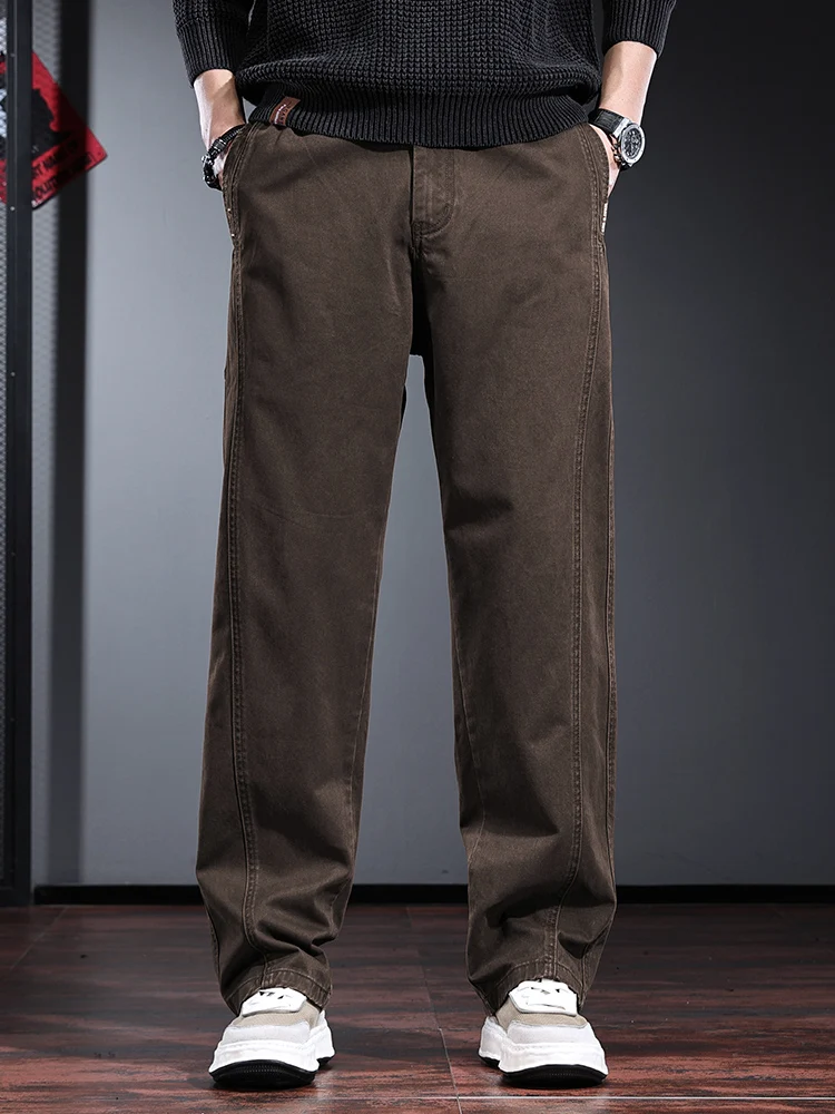 Autumn Baggy Straight Pants Men Casual Coffee Cotton Cargo Pants Korean Style Clothing Elastic Waist Loose Trousers