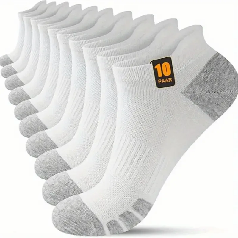 

10 Pairs Men Solid Color Low Cut Sports Socks Reinforced Wear-Resistant Sweat Absorbing Breathable Mesh All Seasons Casual Socks