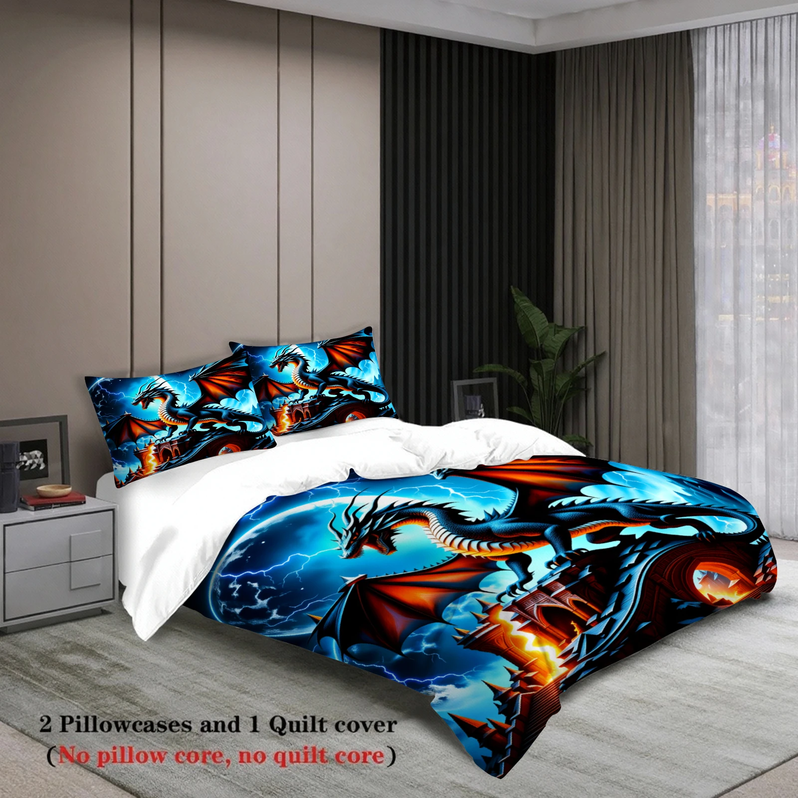 3pcs Dragon Fantasy Bedding Sets 3D Printed Mythical Dragon Easy Care Durable Duvet Cover Sets With Pillowcases No Filling