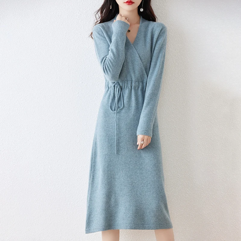 

Dress Long Sleeve Wool Warm Knitted Sweater Skirt Long Dress Autumn Winter Soft Comfortable Ladies Fashion V-Collar Solid Color