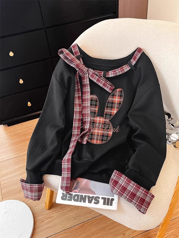

Large Size 300 Pounds Plaid Splice Knot Tie Sweatshirt Women's Loose Youthful Elegant Top Korean Style Long Sleeve
