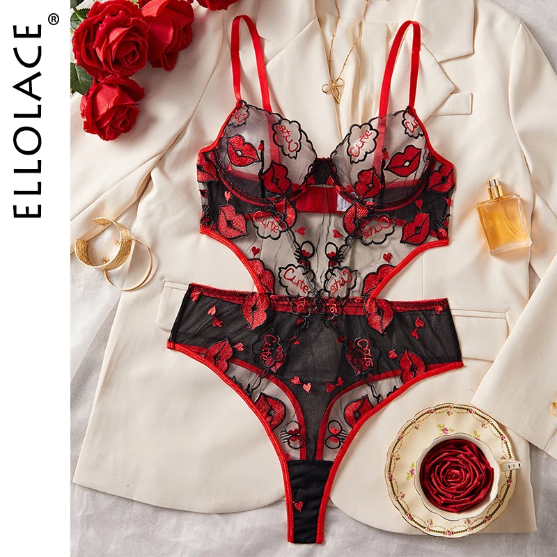 

Ellolace Willowy Sexy Female Lingerie Porno Hollow Bodysuit Sparkling Red Lips Embroidered Body Cute See Through Backless Outfit