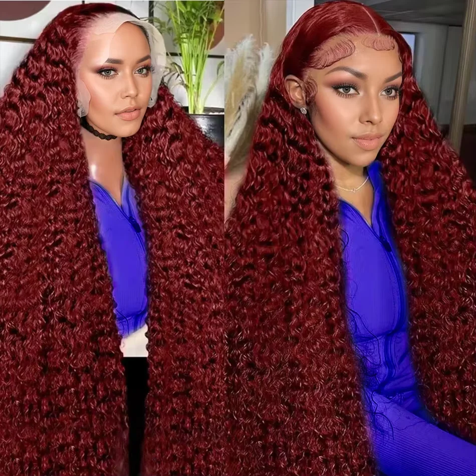 

99J Burgundy Deep Wave 13x6 13x4 Lace Frontal Wig Human Hair Curly 40 44 Inch HD Transparent Lace Front Wigs Brazilian Red Wine