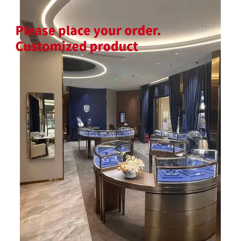 custom.Luxury Royal Blue Jewelry Display Counter Set Curved Bronze Stainless Steel Island Showcase
