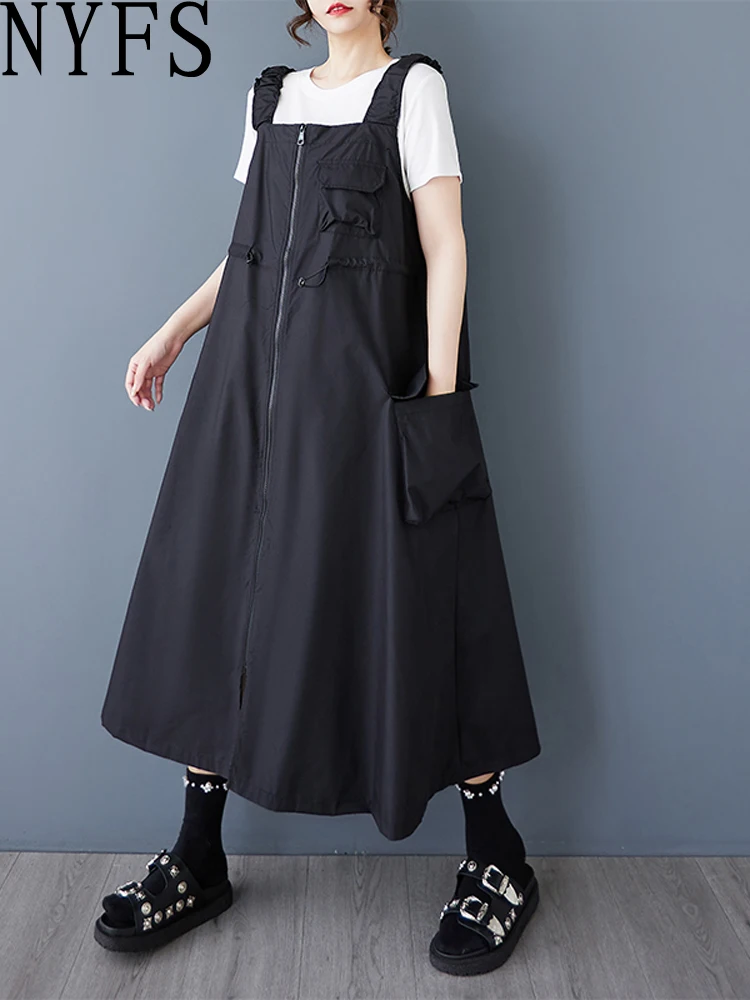 

NYFS 2025 Summer New Japanese strap Dresses Sleeveless Patchwork pocket Elegant Loose Plus Size Long Dress
