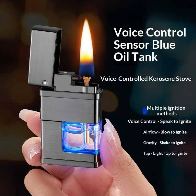 

New Voice Ignition Windproof Kerosine Lighter Visible Blue Light Oil Tank Outdoor Cool Portable Type-C Electric Lighters Smoking